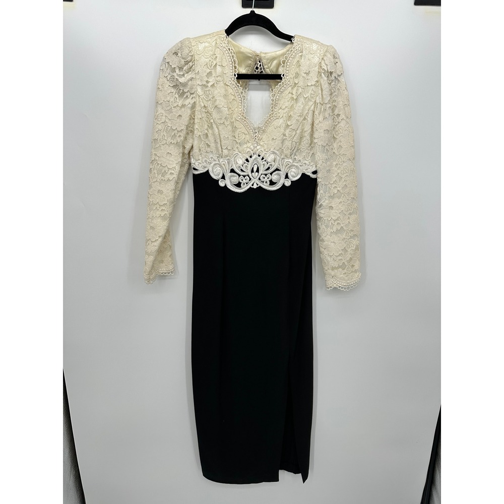 Scott McClintock Vintage Lace Evening Gown Black Cream Long Sleeve Dress Size 8